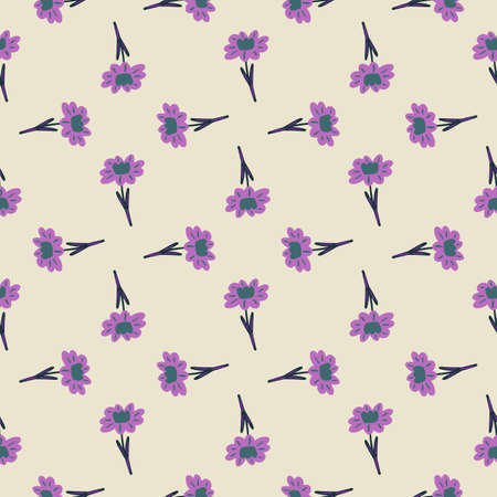 Geometric seamless pattern with hand drawn purple simple flowers silhouettes ornament. Pastel light background. Graphic design for wrapping paper and fabric textures. Vector Illustration.のイラスト素材