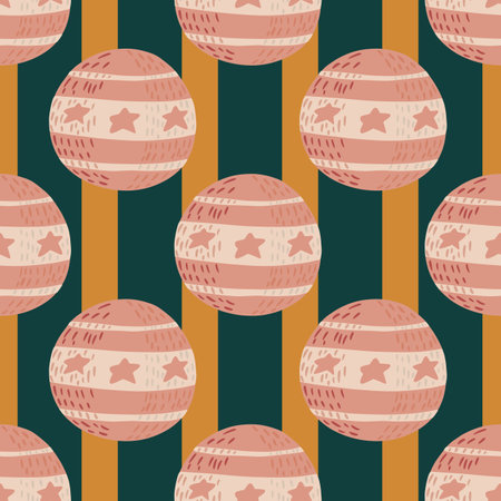 Creative funny seamless pattern with pink colored ornamental circus ball shapes. Striped background. Stock illustration. Vector design for textile, fabric, giftwrap, wallpapers.のイラスト素材
