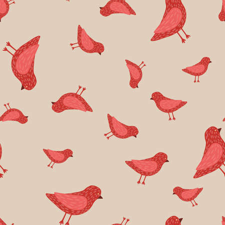 Random seamless pattern with red colored birds simple silhouettes. Light grey background. Vector illustration for seasonal textile prints, fabric, banners, backdrops and wallpapers.のイラスト素材