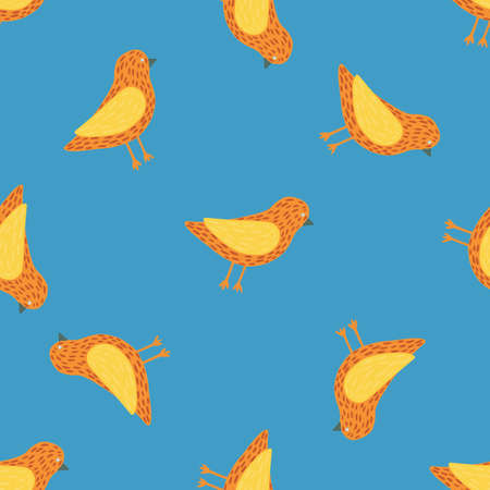 Bright cartoon seamless pattern with orange and yellow colored birds shapes. Blue background. Vector illustration for seasonal textile prints, fabric, banners, backdrops and wallpapers.のイラスト素材