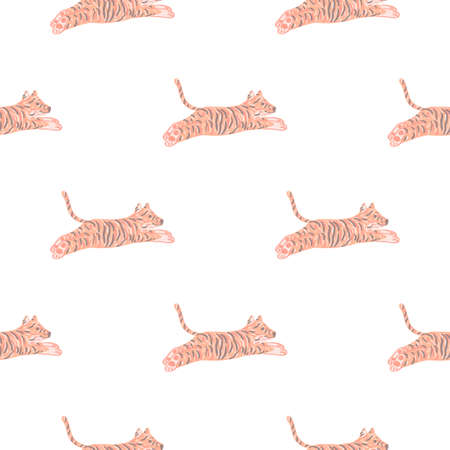 Isolated animal seamless pattern with orange pastel jumping tiger silhouettes. White background. Flat vector print for textile, fabric, giftwrap, wallpapers. Endless illustration.のイラスト素材