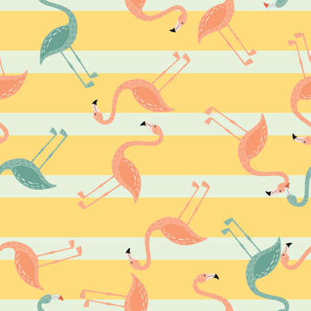 Random seamless pattern with doodle blue and pink flamingo ornament. Yellow striped background. Vector illustration for seasonal textile prints, fabric, banners, backdrops and wallpapers.のイラスト素材