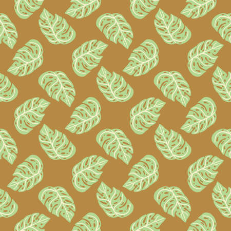 Nature tropic seamless pattern with light green monstera elements. Beige background. Doodle backdrop. Graphic design for wrapping paper and fabric textures. Vector Illustration.のイラスト素材