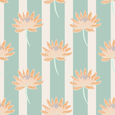 Seamless tender patter with botanic orange daisy flower silhouettes. Pastel blue striped background. Flat vector print for textile, fabric, giftwrap, wallpapers. Endless illustration.のイラスト素材