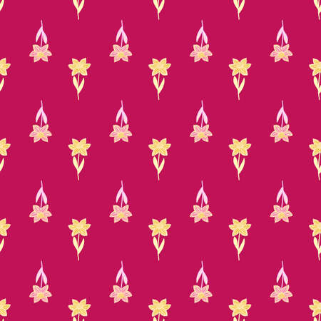 Summer bright seamless pattern with doodle yellow flowers little shapes print. Pink background. Simple design. Flat vector print for textile, fabric, giftwrap, wallpapers. Endless illustration.のイラスト素材