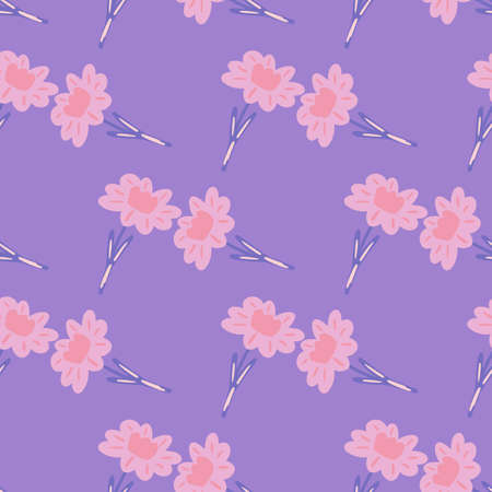 Scrapbook nature meadow seamless pattern with pink colored flower print. Pastel purple background. Graphic design for wrapping paper and fabric textures. Vector Illustration.のイラスト素材
