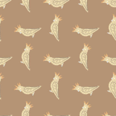 Geometric seamless pattern with beige parrot ornament. Light brown background. Pale palette. Flat vector print for textile, fabric, giftwrap, wallpapers. Endless illustration.のイラスト素材