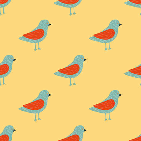 Blue and red colored birds simple silhouettes seamless pattern. Light yellow background. Vector illustration for seasonal textile prints, fabric, banners, backdrops and wallpapers.のイラスト素材
