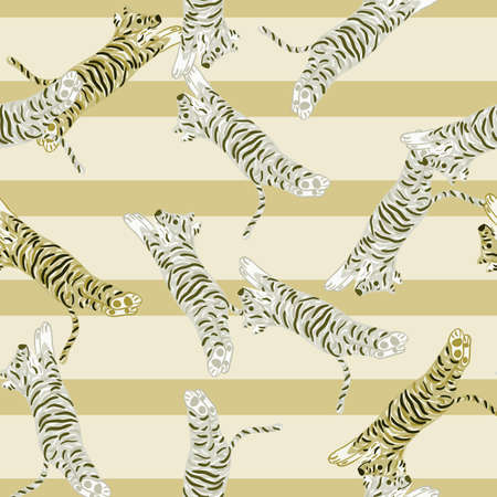 Simple cartoon seamless pattern with random tigers shapes. Beige striped background. Safari hand drawn print. Flat vector print for textile, fabric, giftwrap, wallpapers. Endless illustration.のイラスト素材
