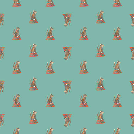 Little hand drawn tiger ornament seamless pattern in kids style. Blue background. Zoo wild cat backdrop. Vector illustration for seasonal textile prints, fabric, banners, backdrops and wallpapers.のイラスト素材