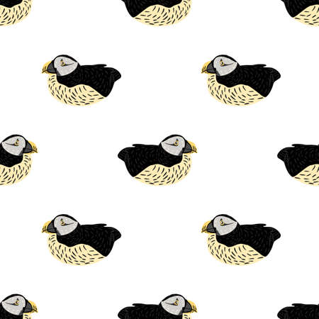 Wildlife isolated seamless pattern with black colored puffin silhouettes print. White background. Cartoon art. Vector illustration for seasonal textile prints, fabric,, backdrops and wallpapers.のイラスト素材