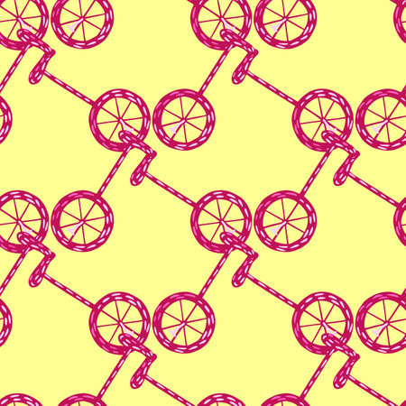 Geometric seamless pattern with bright pink bicycle silhouettes ornament. Light yellow background. Vector illustration for seasonal textile prints, fabric, banners, backdrops and wallpapers.のイラスト素材