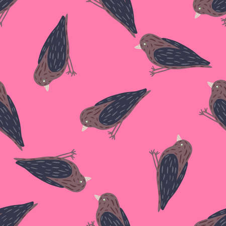 Seamless random pattern with simple birds silhouettes. Pink bright background. Cartoon print.のイラスト素材