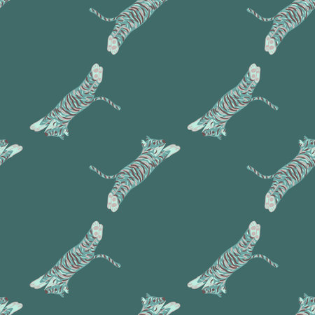 Minimalistic seamless pattern with jumping doodle tiger cats print. Turquoise background. Creative print.  Endless illustration.のイラスト素材