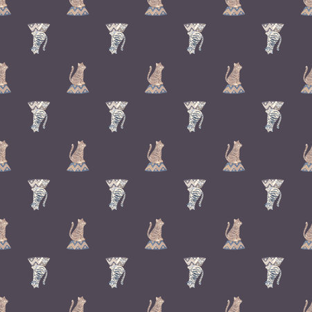 Cartoon seamless pattern in kids style with circus tiger ornament. Pastel purple background.のイラスト素材