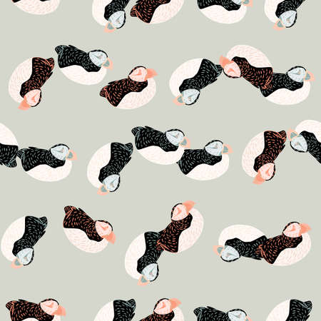 Random nature arctic animal seamless pattern with black and white colored puffin ornament. Blue background.のイラスト素材