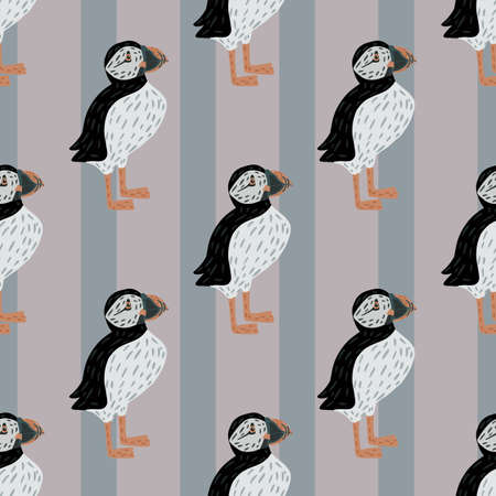Arctic animal seamless pattern with hand drawn doodle puffin bird shapes ornament. Striped background. Endless illustration.のイラスト素材