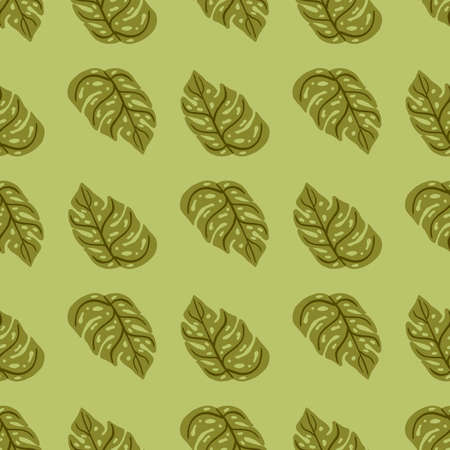 Hand drawn botanic seamless pattern in green olive tones with monstera silhouettes. Pale palette artwork. Stock illustration.のイラスト素材