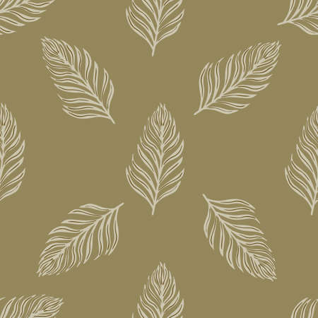 Minimalistic nature seamless autumn pattern with doodle white fern leaf ornament. Light brown background. Stock illustration.のイラスト素材