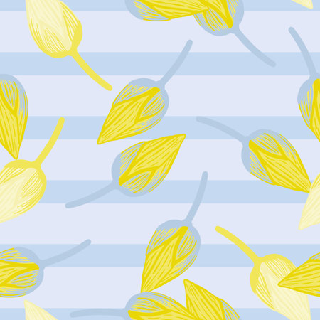 Random seamless pattern with doodle simple yellow lotus bud ornament. Blue light striped background. Stock illustration.のイラスト素材