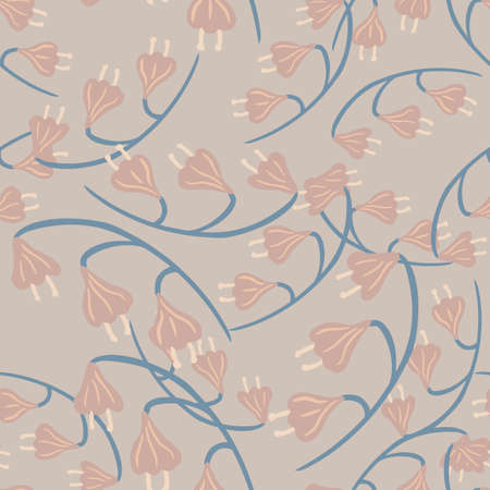 Nature vintage seamless pattern with random bell flowers ornament. Pastel pink and purple tones backdrop.のイラスト素材