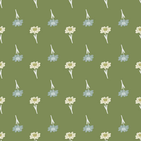 Vintage ditsy seamless pattern with blue and white flower shapes print. Green olive background.のイラスト素材