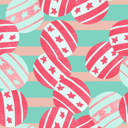 Seamless random pattern with pink colored circus ball elements. Striped pink and blue background. Stock illustration.のイラスト素材
