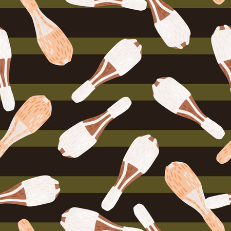 Abstract trick seamless doodle pattern with random juggler mace elements. Green dark striped background.のイラスト素材