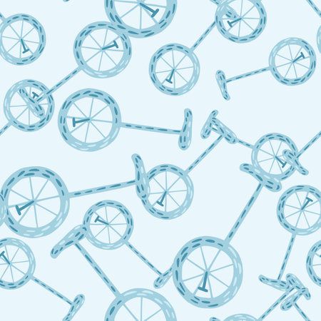 Abstract random seamless pattern with blue bicycle shapes. Pastel background. Circus funny trick backdrop.のイラスト素材