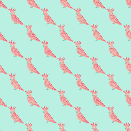 Seamless animal tropic pattern with pink colored cockatoo parrot silhouettes. Blue pastel background.  Endless illustration.のイラスト素材