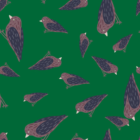 Random seamless pattern with purple and navy blue colored birds print. Green background.のイラスト素材