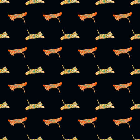 Contrast dark seamless pattern with doodle little jumping tigers ornament. Black background. Simple design.  Endless illustration.のイラスト素材