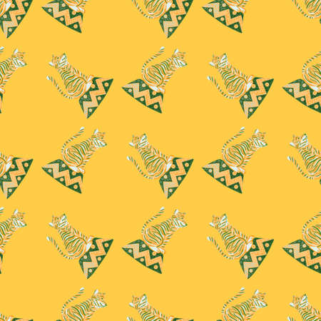 Abstract seamless pattern with doodle tiger circus silhouettes. Yellow bright background.のイラスト素材