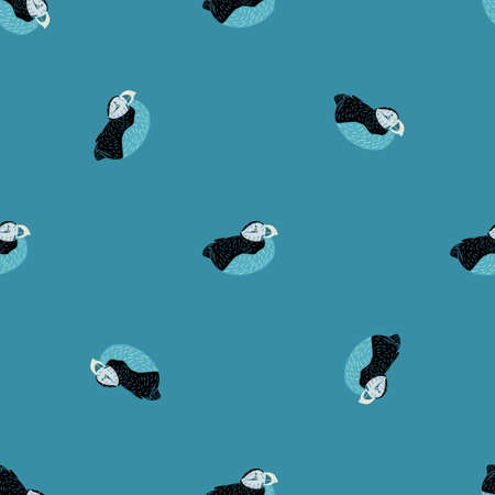 Minimalistic style seamless pattern with doodle puffin wild life print. Blue background. Arctic zoo print.のイラスト素材