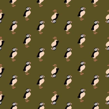 Athlantic seamless zoo pattern with little puffin bird elements print. Green olive background. Creative artwork.  Endless illustration.のイラスト素材