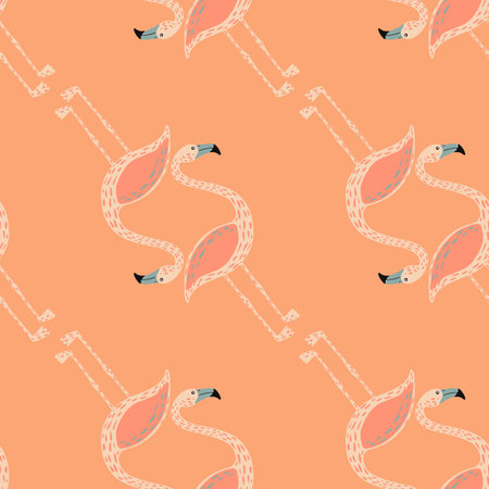 Minimalistic flat animal seamless pattern with flamingo silhouettes print. Orange pastel background.のイラスト素材