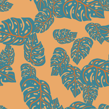 Random seamless pattern with pale navy blue monstera shapes print. Beige background. Simple design. Stock illustration.のイラスト素材