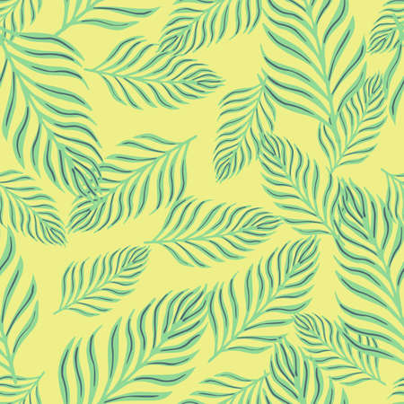 Random seamless pattern with hand drawn blue colored fern leaf shapes. Light yellow background. Stock illustration.のイラスト素材