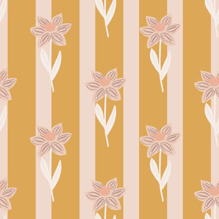 Botany seamless pattern with pink and white colored folk flowers ornament. Orange and light pink striped background.  Endless illustration.のイラスト素材