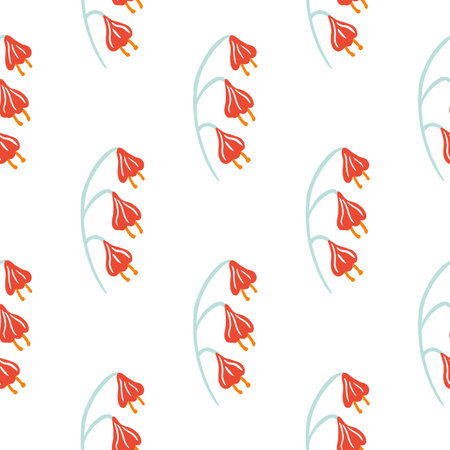Isolated meadow seamless pattern with bright red bell flowers print. White background. Simple design.のイラスト素材