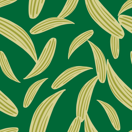 Random seamless pattern with decorative doodle lily of the valley leaf print. Green background. Simple design. Stock illustration.のイラスト素材