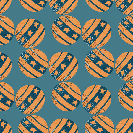 Hand drawn creative seamless pattern with orange colored circus ball shapes. Blue pale background. Stock illustration.のイラスト素材