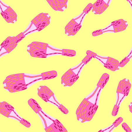 Bright trick equipment seamless pattern with pink random juggler mace elements. Yellow background.のイラスト素材