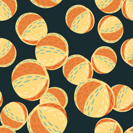 Random seamless pattern with light orange colored beach ball elements. Dark navy blue background. Flat vector print for textile, fabric, giftwrap, wallpapers. Endless illustration.のイラスト素材