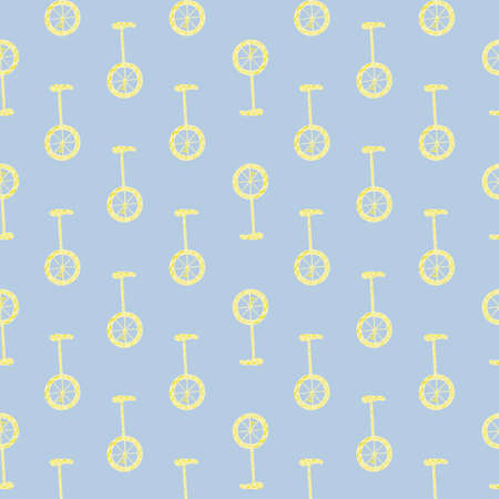 Little yellow bicycle ornament seamless pattern in hand drawn style. Blue background. Simple design. Vector illustration for seasonal textile prints, fabric, banners, backdrops and wallpapers.のイラスト素材
