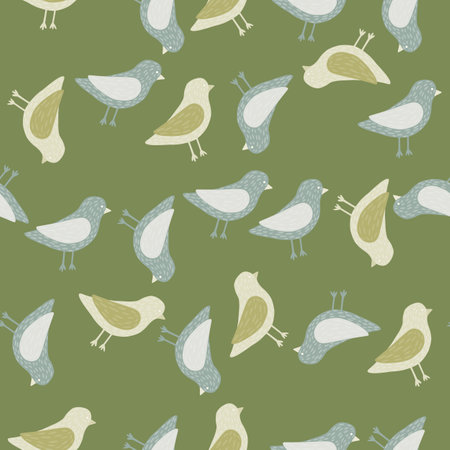 Nature fauna seamless pattern with random blue and beige dove birds print. Green background. Vector illustration for seasonal textile prints, fabric, banners, backdrops and wallpapers.のイラスト素材