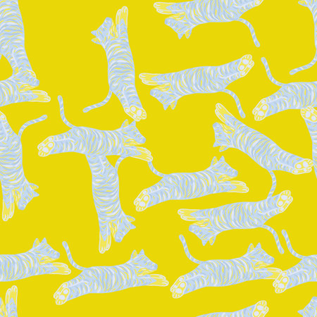 Bright seamless pattern with blue random tiger silhouettes. Yellow background. Safari animals artwork. Flat vector print for textile, fabric, giftwrap, wallpapers. Endless illustration.のイラスト素材