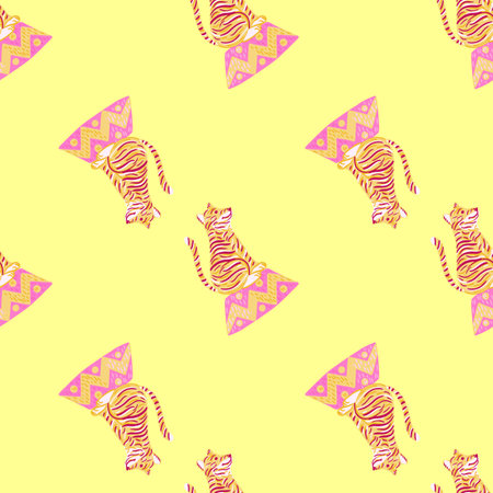 Hand drawn seamless zoo pattern with pink and orange colored circus tiger print. Light yellow background. Vector illustration for seasonal textile prints, fabric, banners, backdrops and wallpapers.のイラスト素材