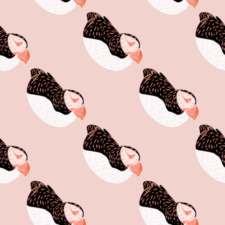 Iceland animal seamless pattern with wild puffin shapes. Pink pastel background. Simple zoo backdrop. Vector illustration for seasonal textile prints, fabric, banners, backdrops and wallpapers.のイラスト素材