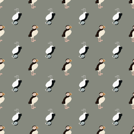 Icelandic zoo nature seamless pattern with hand drawn black and white colored puffin print. Grey background. Flat vector print for textile, fabric, giftwrap, wallpapers. Endless illustration.のイラスト素材